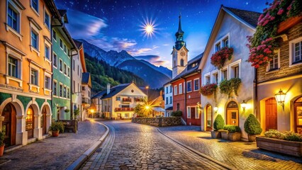 Naklejka premium Stunning Sterzing nightscape: crisp, clear images showcase the Italian Alps town under a starlit sky.