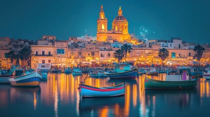 Fototapeta premium Night harbor, illuminated boats, Maltese church, fireworks