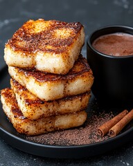 A stack of torrijas with a cup of chocolate and cinnamon sticks.
