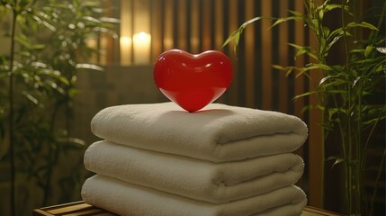 Red heart balloon on towels in relaxing spa ambiance with bamboo decor. The 14th of February. Happy Valentine's Day
