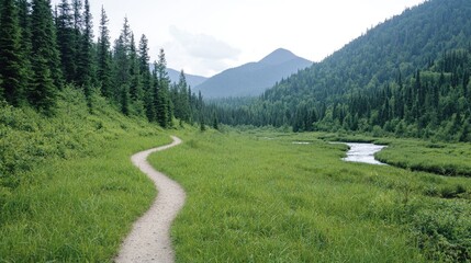 Fototapeta premium Winding Trail Through Lush Mountain Valley