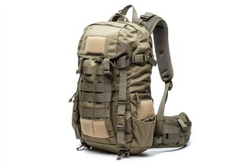 Fototapeta premium Durable Outdoor Tactical Backpack with Multiple Compartments and Adjustable Straps for Hiking, Camping, and Travel in a Neutral Olive Color