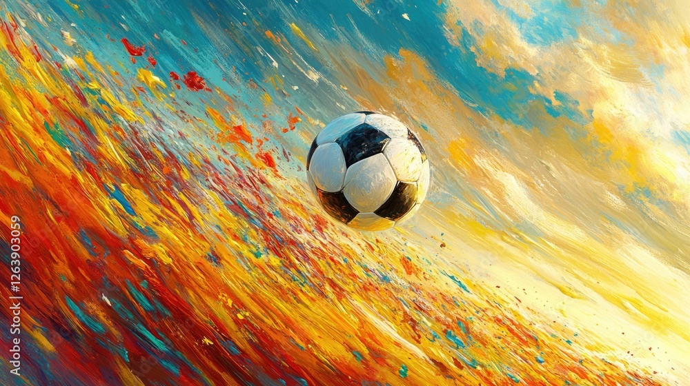 Poster dynamic soccer ball in vivid artistic motion with colorful abstract background