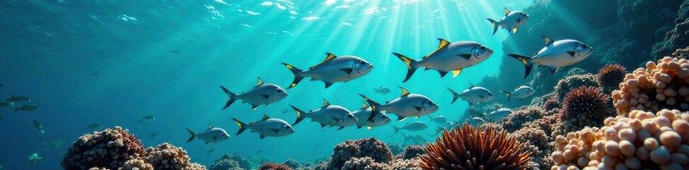 Obraz premium School of Silver Fish in Coral Reef, ocean, sea creatures, coral reef