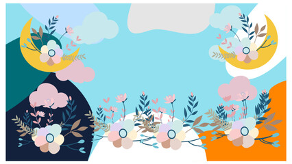 A serene landscape painting captures a breathtaking sunset over a range of majestic mountains