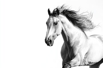 Majestic White Horse Running Gracefully with Flowing Mane in Black and White Background, Capturing the Essence of Freedom and Strength in Nature