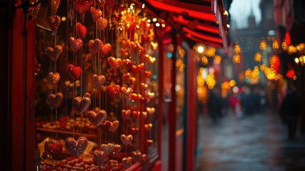 Romantic heart decorations in festive street with warm lights in evening. The 14th of February. Happy Valentine's Day