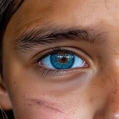 Obraz premium Close-up of a striking blue eye with a brown center, showcasing intricate details and a unique scar.