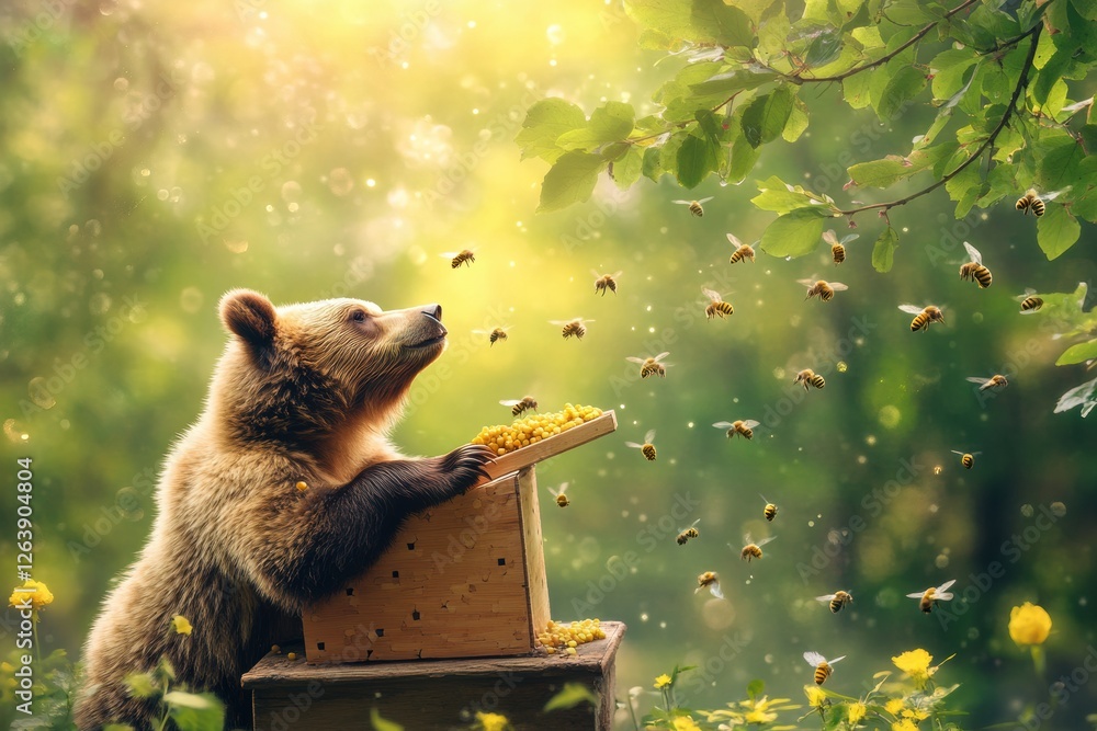 Aufkleber Bear enjoying honey while surrounded by buzzing bees in a lush forest during daytime in spring. Generative AI