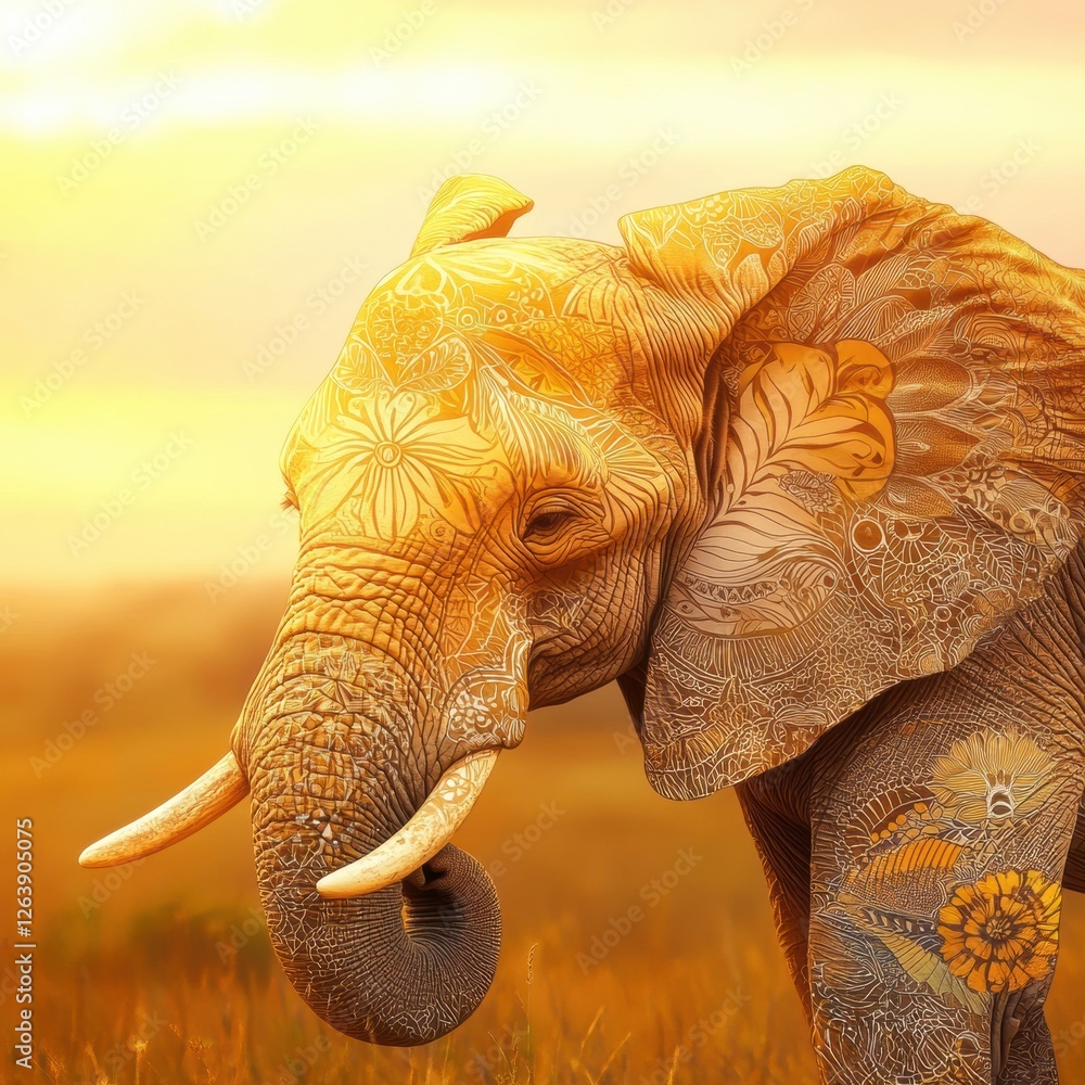 Aufkleber majestic elephant adorned with intricate patterns stands in golden sunset landscape. generative ai