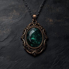 An ornate antique pendant with a green gemstone on a dark textured background.
