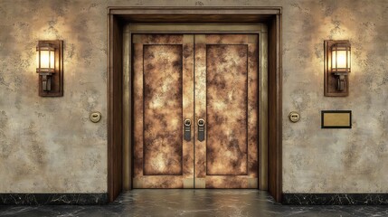 Elegant double doors gleam softly under warm light a grand entrance awaits. AI Generated