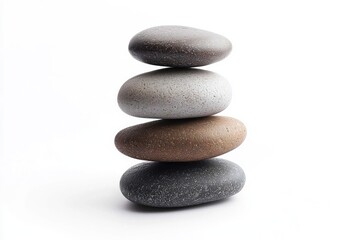 Stacked Smooth Stones in Various Tones Displaying Balance and Serenity on White Background for Wellness and Nature Concepts