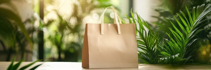 Eco friendly paper bag surrounded by lush greenery in a bright indoor setting with space for personalized text. Generative AI