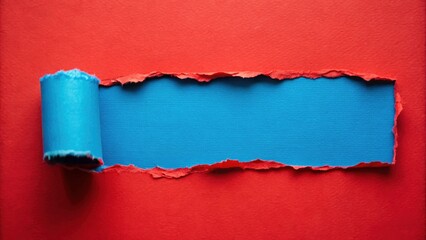 Textured blue and red paper backdrop, torn edges, grunge aesthetic, rule of thirds composition, perfect for text.