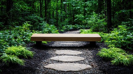 Empty Wooden Bench in Lush Forest Path. Potential Use Stock Photography