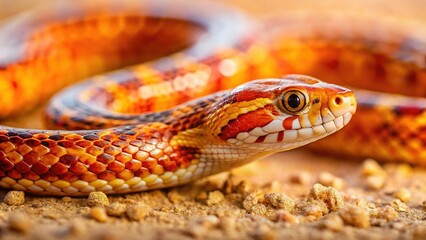 Obraz premium Tilt-shift magic transforms a corn snake and its sandy habitat into a captivating miniature scene.