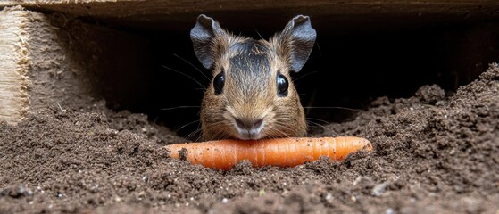 A cute guinea pig with a carrot in a burrow.