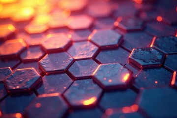 Fototapeta premium Shimmering metallic hexagons with warm ambient light, light, hexagon, shimmer