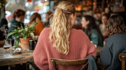 Fototapeta premium Blonde woman in cozy sweater at cafe gathering with friends