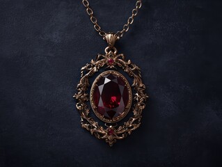 Elegant gold necklace with a ruby gemstone pendant on a dark background.