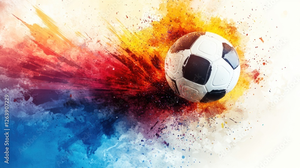 Poster dynamic soccer ball splash with vibrant color explosion in motion