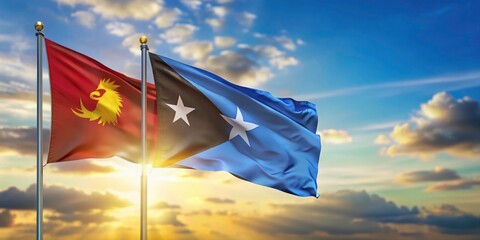 Tilt-shift photography transforms Papua New Guinea and Somalia's flags into a captivating miniature scene.