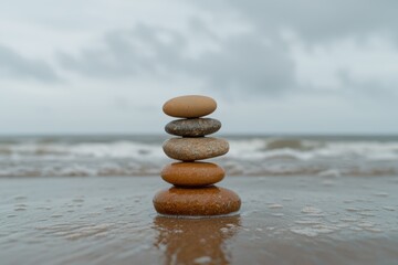 Zen stones stacked on a beach.