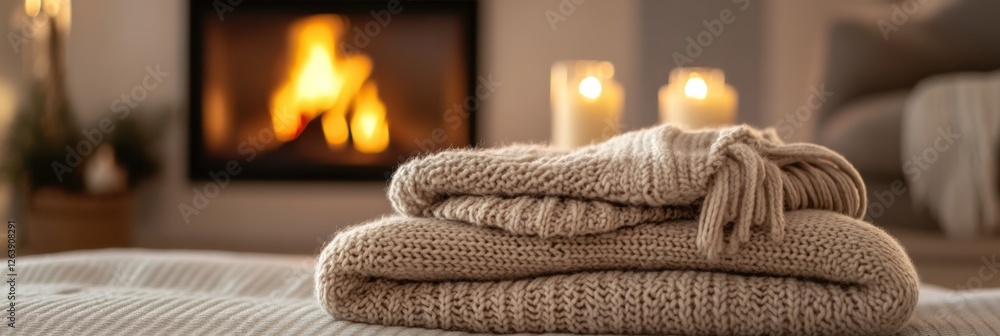Poster cozy knitted blankets arranged beside a glowing fireplace with soft candlelight in a warm interior s