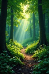 Obraz premium Dense foliage with sunlight filtering through, casting dappled shadows on forest floor, shade, foliage, forest