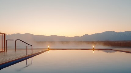 Serene Outdoor Hot Spring at Dawn with Mist and Mountains in the Background