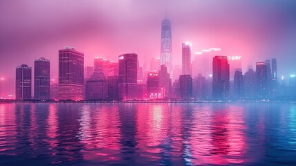 Pink city skyline reflecting, foggy waterfront, night
