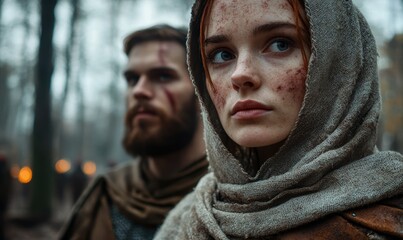 Fototapeta premium A woman and man with battle scars in a misty forest.