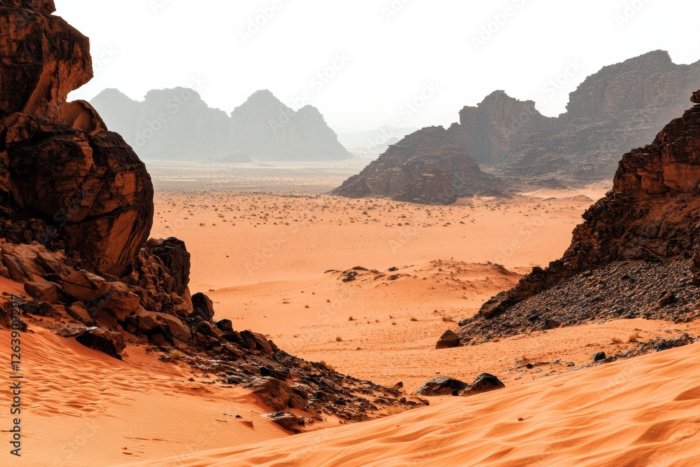 Poster Expansive desert landscape with rocky formations under a hazy sky in a remote region. Generative AI