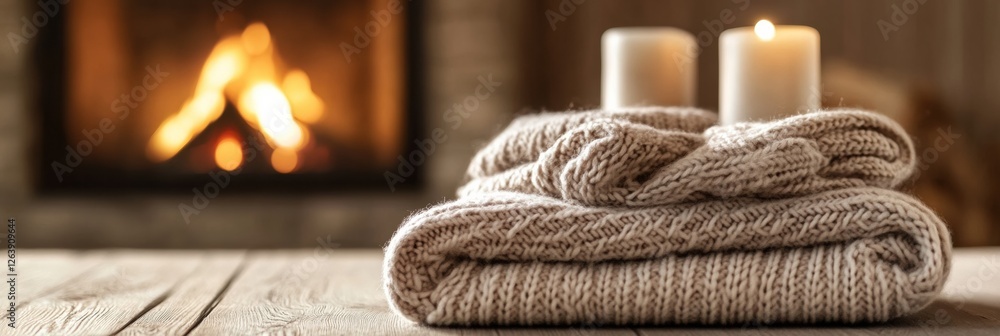 Poster cozy scene with folded blanket and candles near warm fireplace in a rustic setting. generative ai
