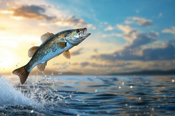 Obraz premium Largemouth bass leaping from water at sunset with dramatic sky