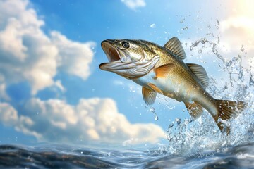 Largemouth bass leaping from water with splash under blue sky and clouds