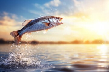 Obraz premium Dynamic fish leaping from water at sunset with splash and sunlight reflections