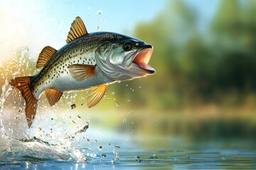 Fototapeta premium Majestic largemouth bass leaping from water in sunlit natural habitat