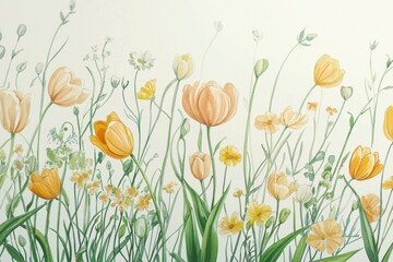 Pastel floral meadow with various yellow and orange blooms