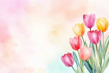 Obraz premium Colorful watercolor tulips on pastel background