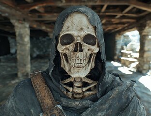 Grim reaper skeleton wearing a hood in a spooky setting.