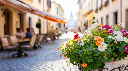European City Street with Pastel Buildings and Flower Boxes
