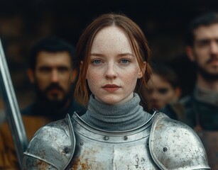 A woman in armor stands ready for battle with her comrades.