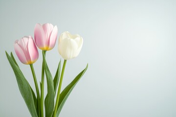 Naklejka premium Delicate pink and white tulips with green stems on minimalist background
