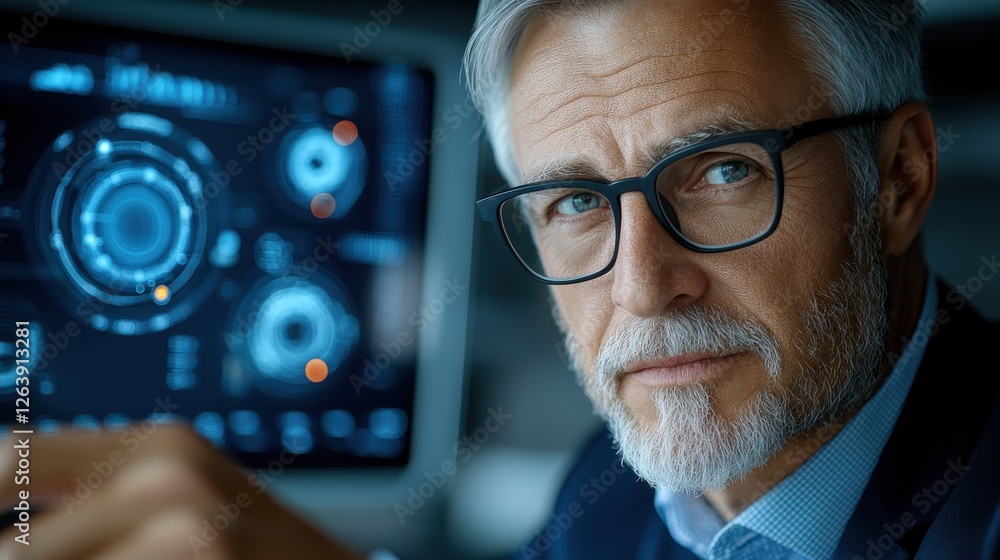 Poster confident middle aged business executive with grey beard and glasses intently analyzing data and rep