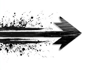 Dynamic black arrow with paint splatters on white background symbolizing movement, direction, and creativity in graphic design or artistic projects.