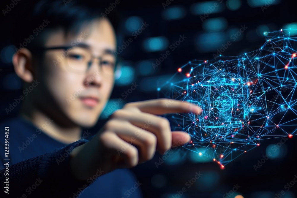 Poster young man interacting with digital holographic interface showcasing advanced technology and innovati
