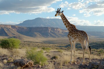Obraz premium Giraffe in african savannah with mountain background and blue sky