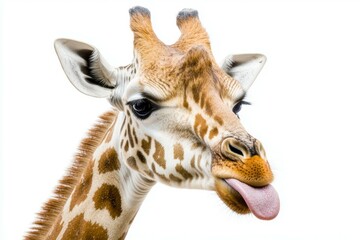 Obraz premium Playful giraffe sticking tongue out on white background